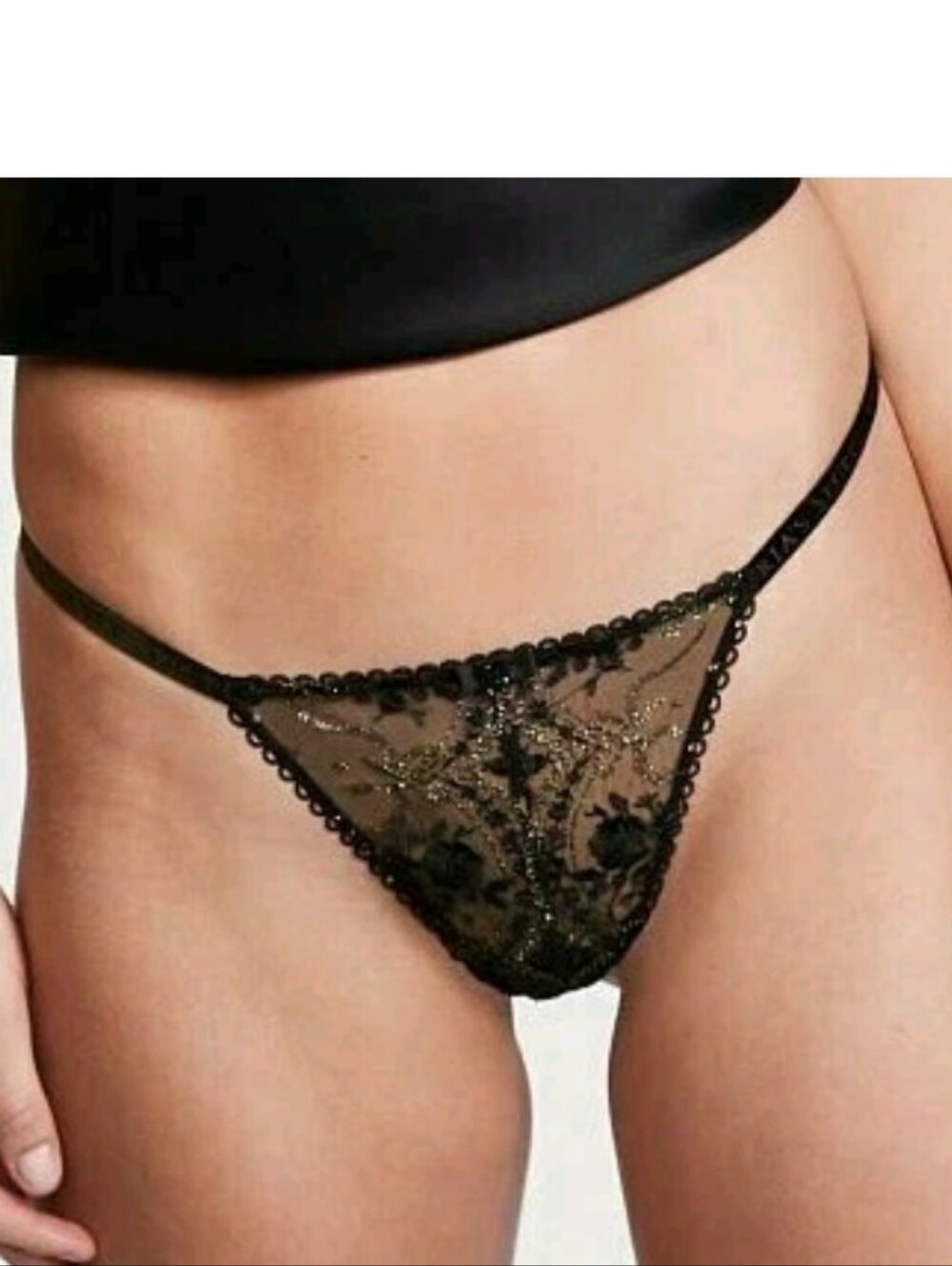 Victoria's secret very sexy Shimmer rose and bows v-string panty XLARGE BLACK